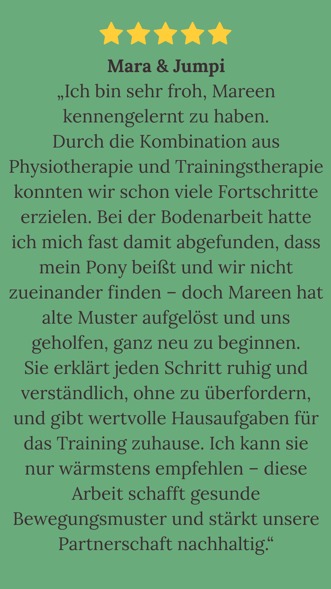 Text mit Titel "Mara & Jürgen" über persönliche Erfahrungen und Herausforderungen.